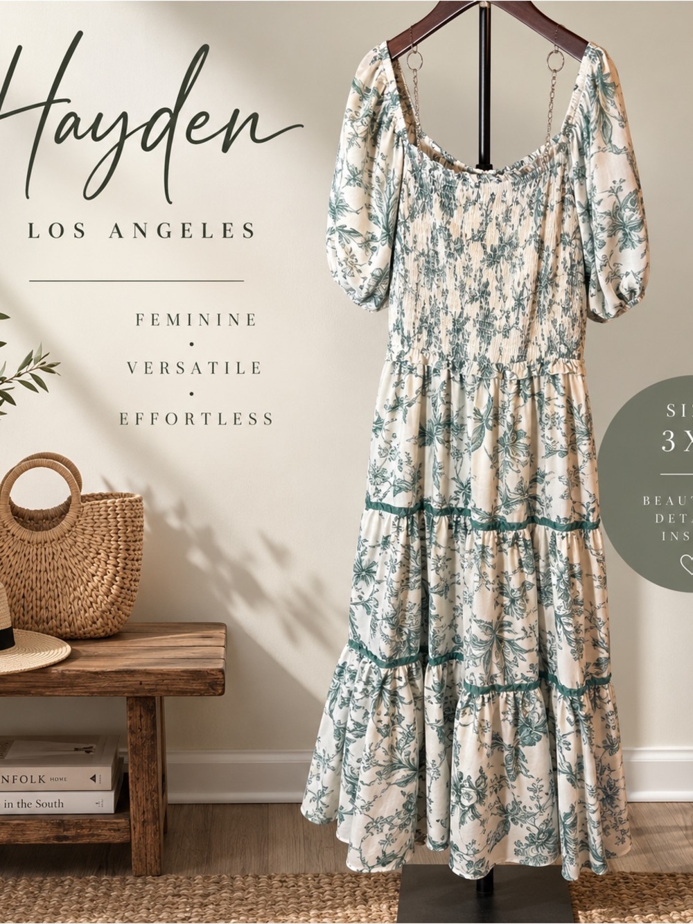 Hayden Los Angeles 3XL Green Floral Smocked Tiered Maxi Dress